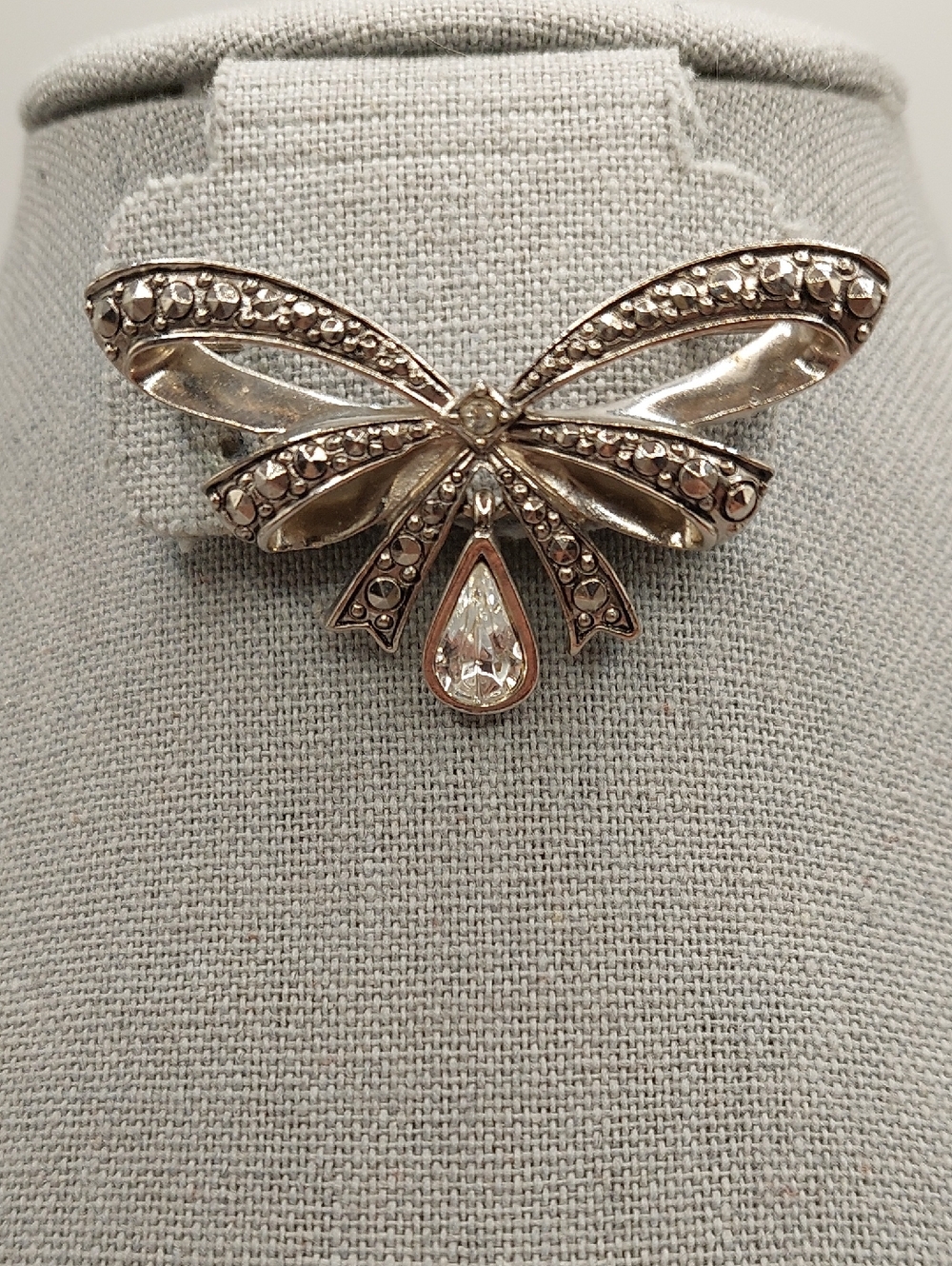AVON Marcasite Silvertone Bow Rhinestone Art Deco Vintage Style Drop Brooch